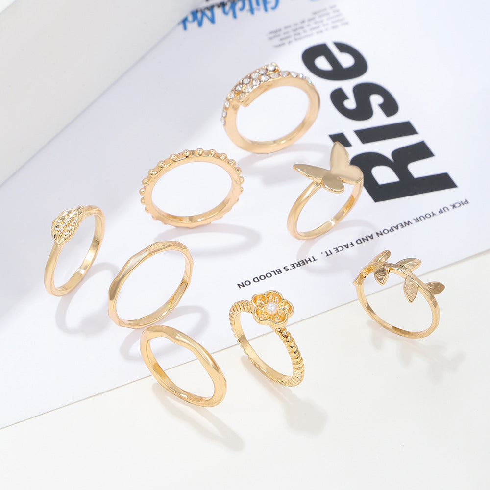 Leaf Flower Butterfly Geometric Alloy Ring Set with Rhinestone Inlay for Women