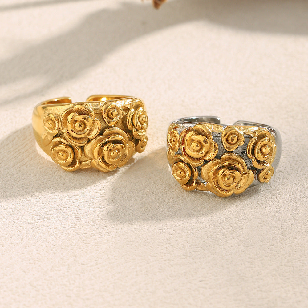Anillo Abierto Floral de Estilo Francés Vintage de Acero Inoxidable con Baño de Oro de 18K para Mujer