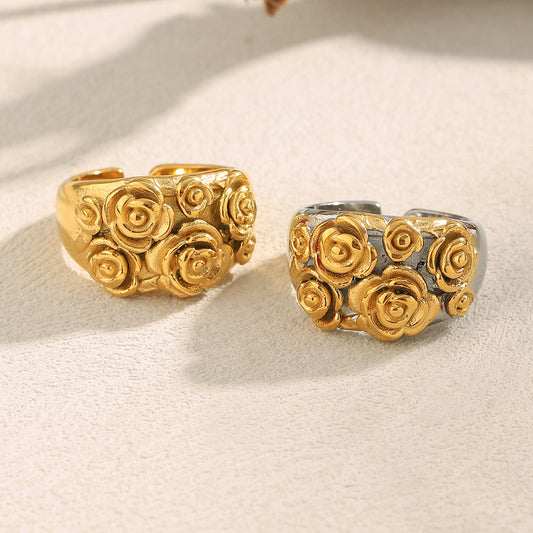 Vintage French-Inspired Floral Open Ring in Stainless Steel with 18K Gold Plating for Women