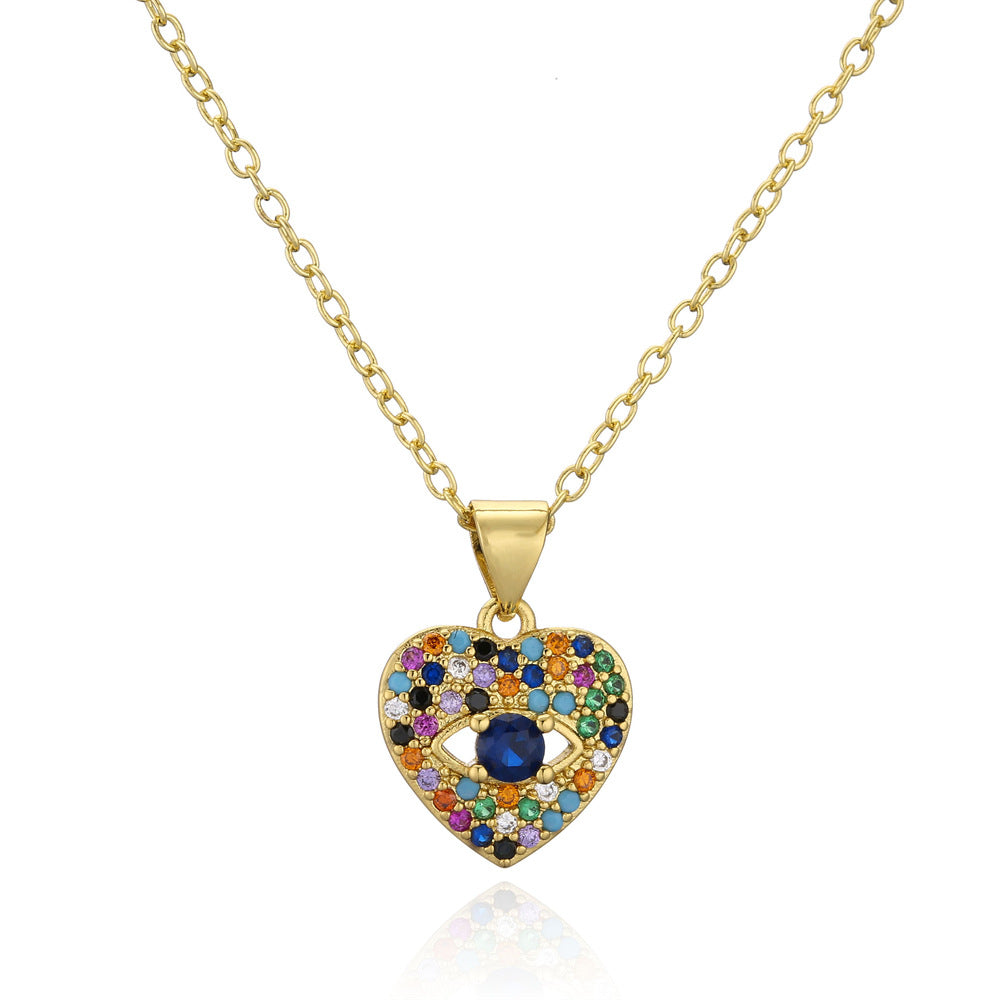 Multi-Color Cubic Zirconia Heart Geometric Inlay Brass Necklace with Cable Chain