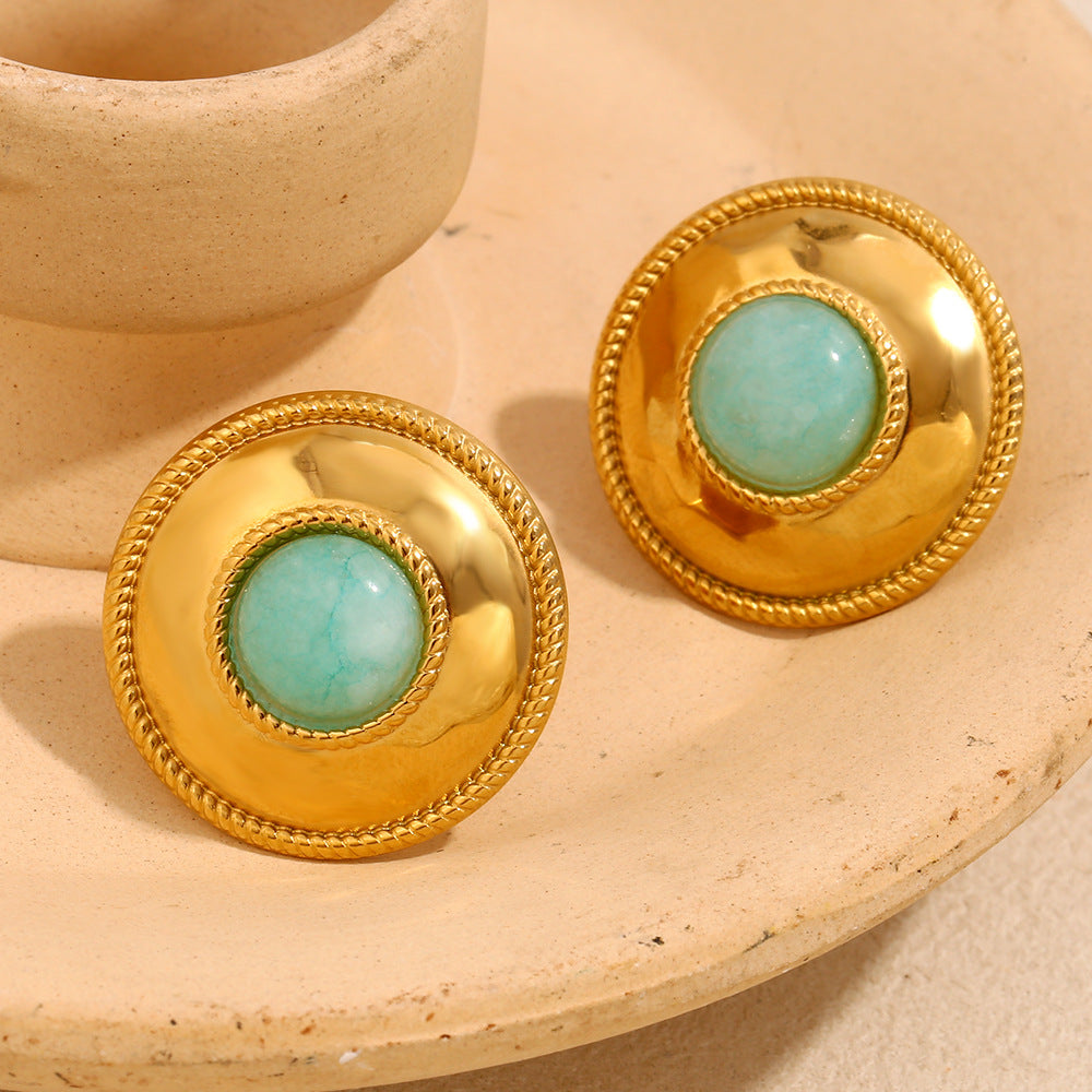 Orecchini a perno da donna in acciaio inossidabile placcato oro 18 carati con motivo geometrico francese vintage e amazzonite tonda