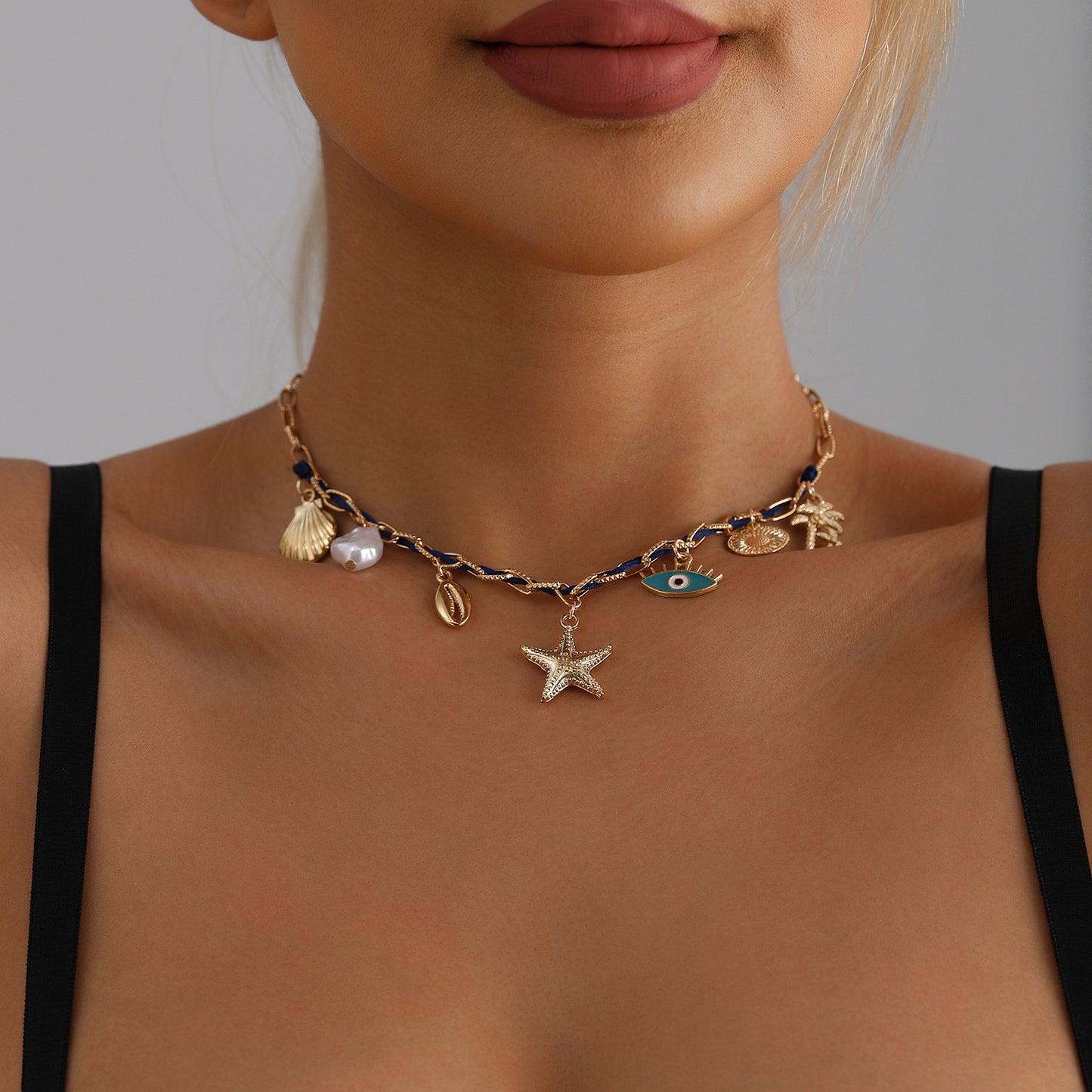 Collar Minimalista con Colgante de Estrella de Mar y Concha con Motivo de Ojo Turco en Aleación, Cadena de Clavícula Electrochapada para Mujer