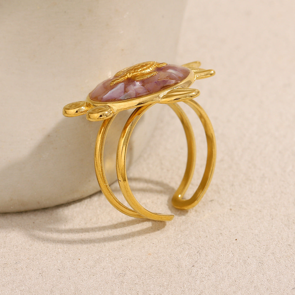 Anillo de acero inoxidable con forma de tortuga, baño de oro de 18 quilates y acabado esmaltado para mujer