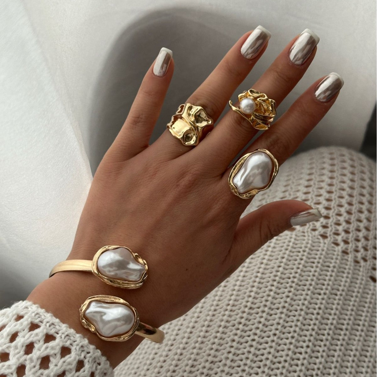 Minimalist Casual Geometric Plated Pearl Ring Set