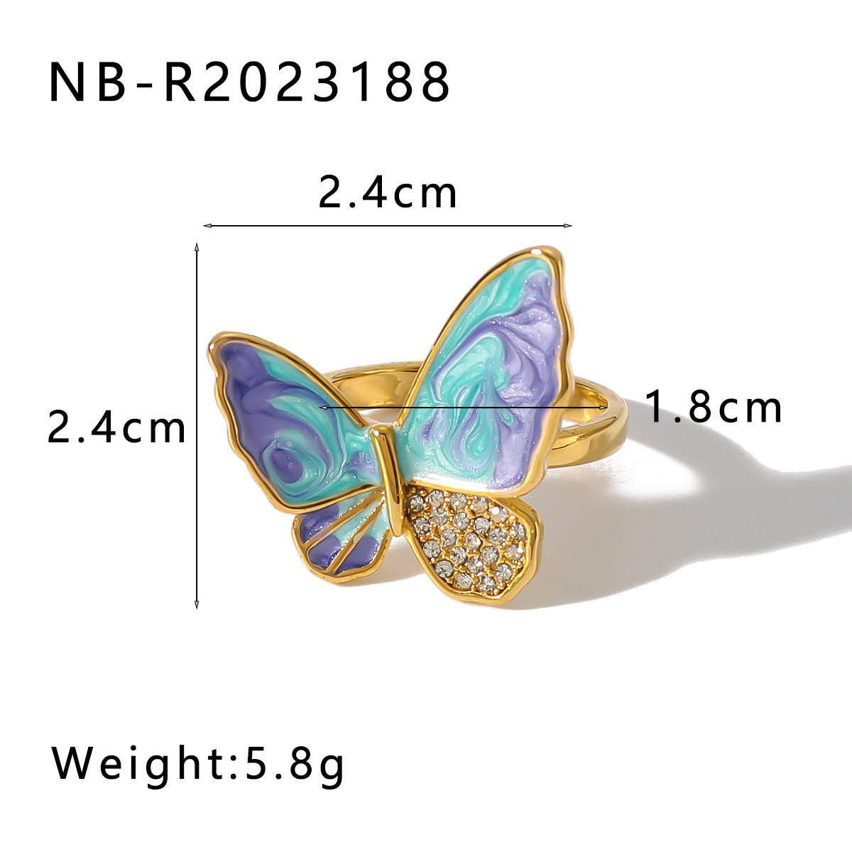 Vintage Butterfly-Shaped Stainless Steel Ring with 18K Gold Plating and Rhinestone Inlay for Women