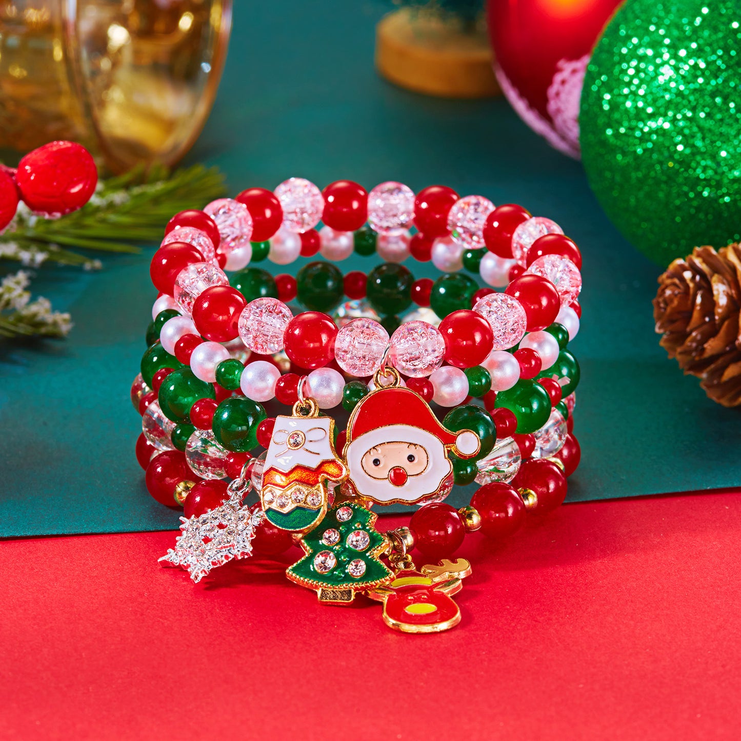 Sweet and Edgy Christmas Tree and Heart Polymer Clay Beaded Bracelet Set for Women Alloy Multi-Layer Stacking Bracelets