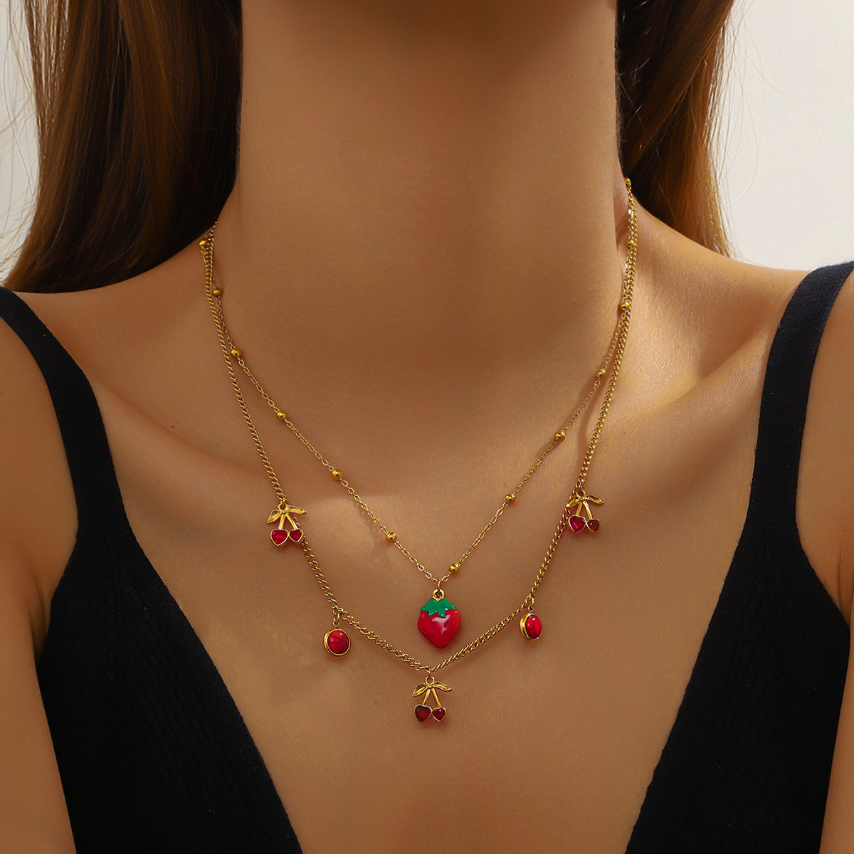 Sweet Cartoon Red Drip Oil Fruit Pendant Necklace Stainless Steel Serpentine Chain Women