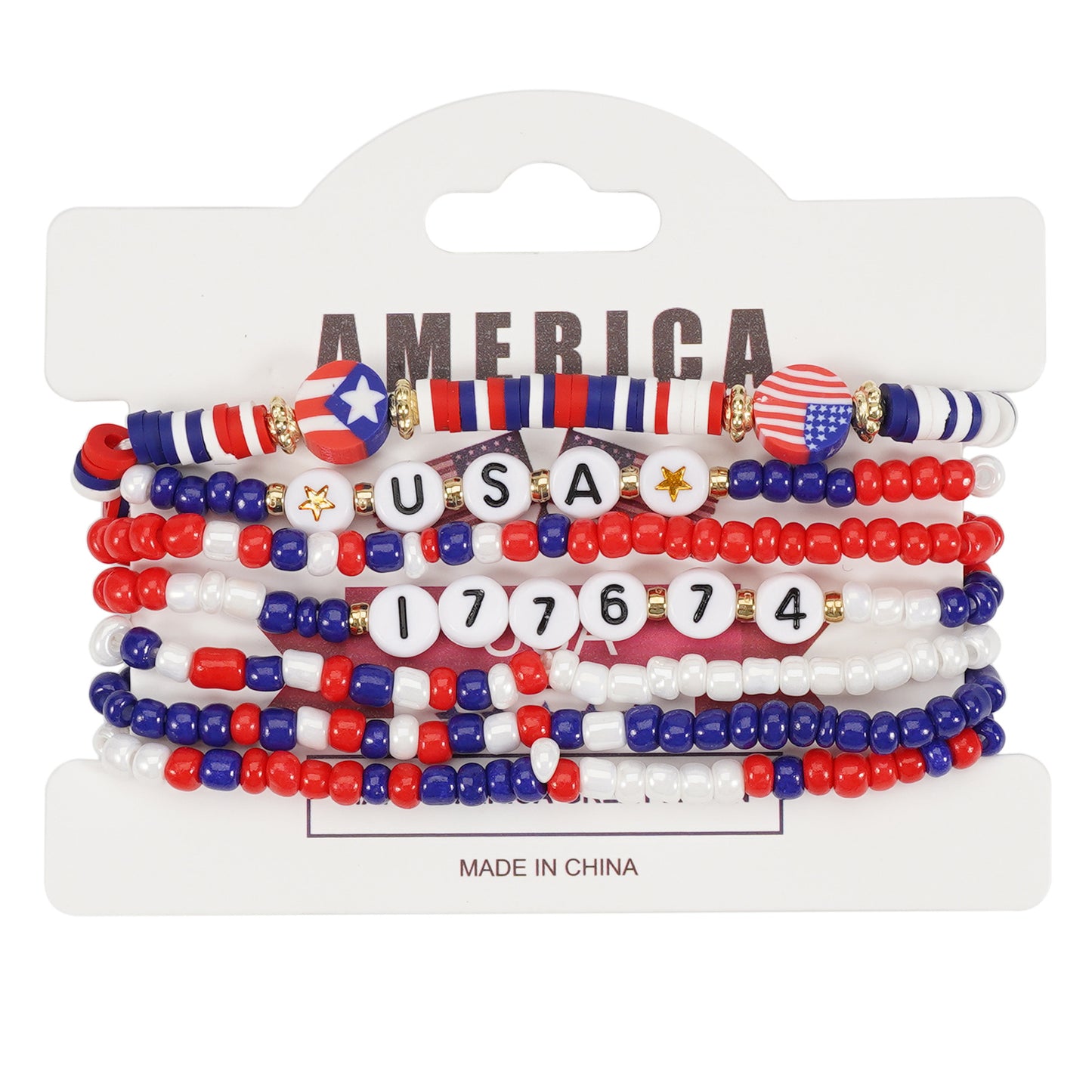 Bracciale Geometrico con Perline di Vetro Unisex con Charm Bandiera Americana Festa dell'Indipendenza