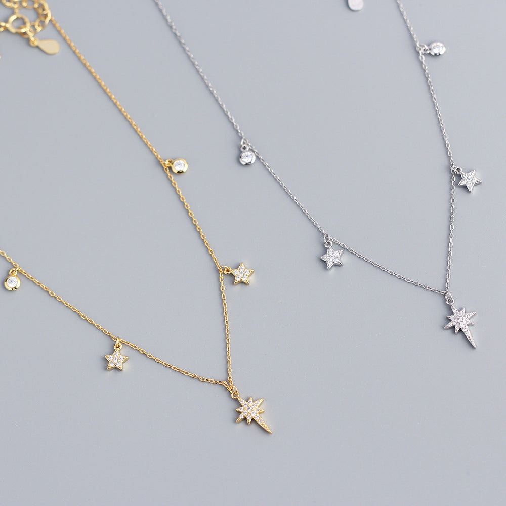 Collar con colgante minimalista de plata de ley S925 en forma de estrella con incrustaciones de diamantes de imitación para mujer