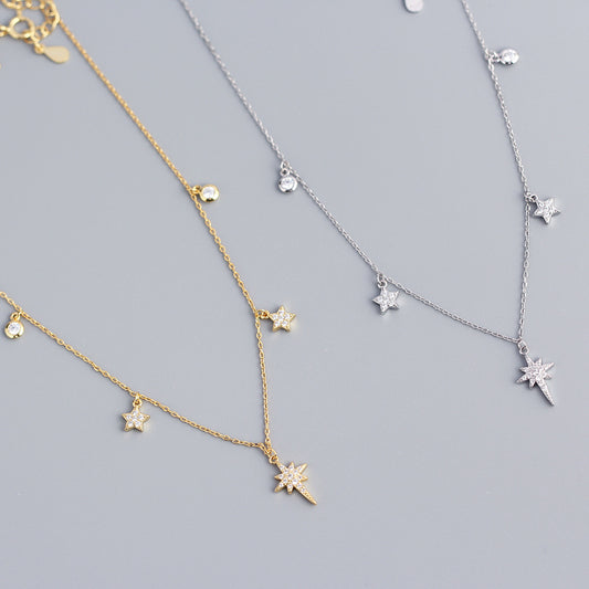 Collar con colgante minimalista de plata de ley S925 en forma de estrella con incrustaciones de diamantes de imitación para mujer