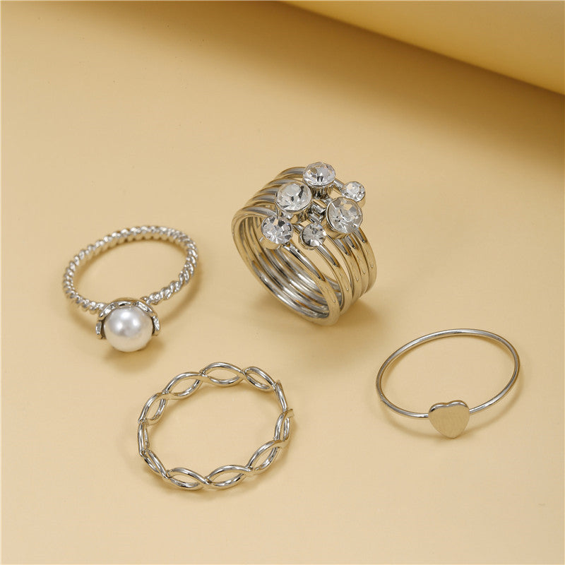 Set di Anelli da Donna Minimalisti in Lega Geometrica in Stile Francese con Strass e Perle