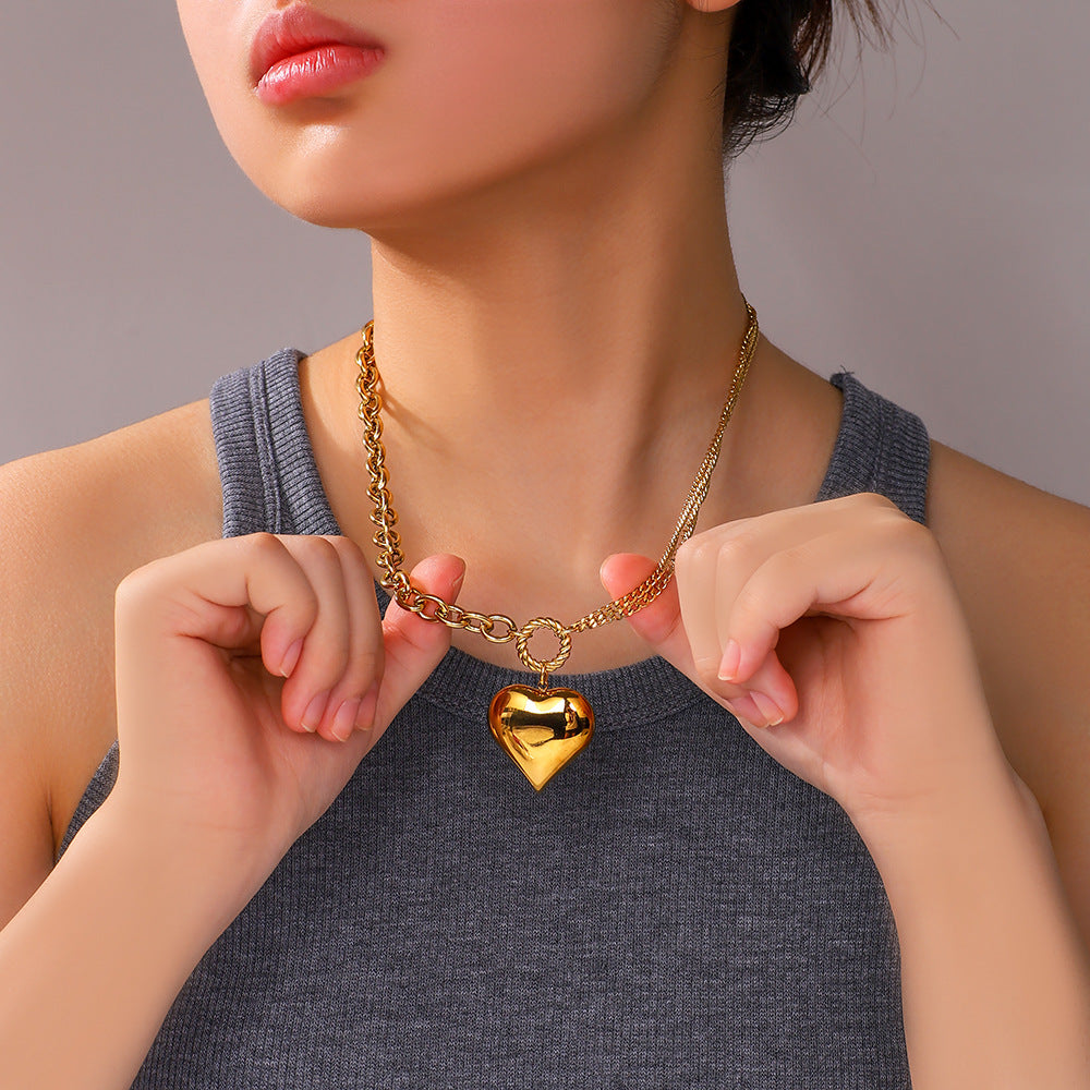 Retro Heart-Shaped Stainless Steel Necklace with 18K Gold Plating for Women, Minimalist Geometric Pendant Jewelry
