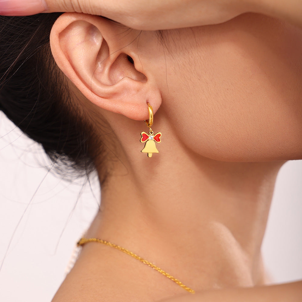 Set Collana con Ciondolo Ruota Panoramica di Lusso con Catena in Acciaio Inossidabile, Intarsio in Zirconi, Ciondolo in Agata Rossa Smaltata e Motivo Campanella Natalizia per Donna