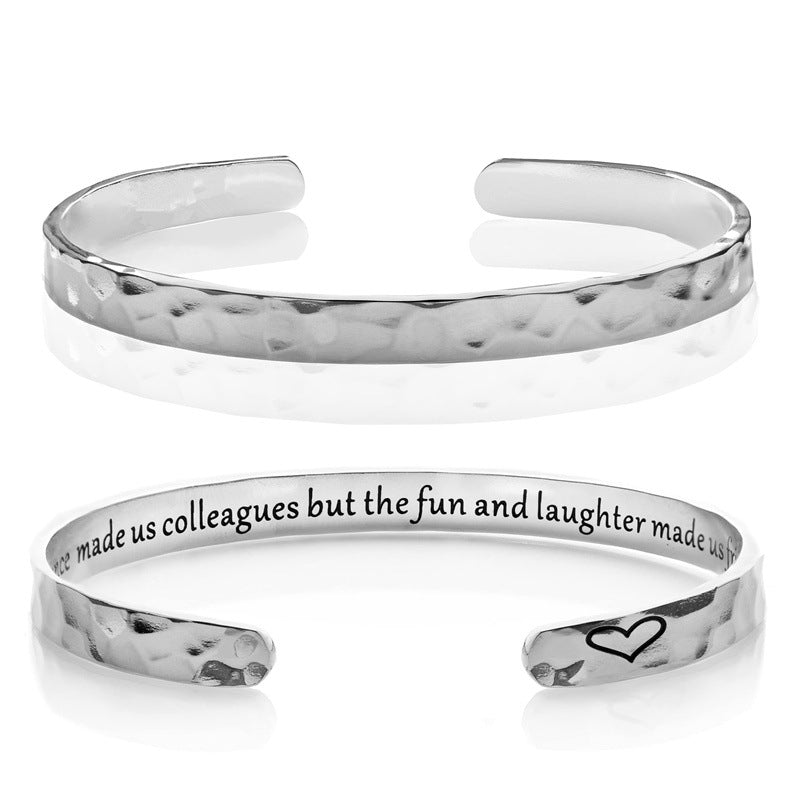Minimalist Stainless Steel Engraved Open Moon Surface Textured Hammered Bracelet