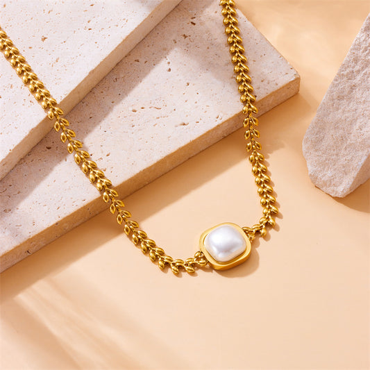 Vintage Luxury Geometric Square Pearl Necklace Stainless Steel Plated Box Chain