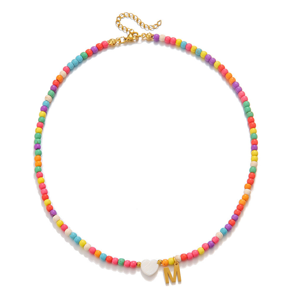 Fashion Stainless Steel Letter Heart Turquoise Charm Bar Necklace Cable Chain Unisex