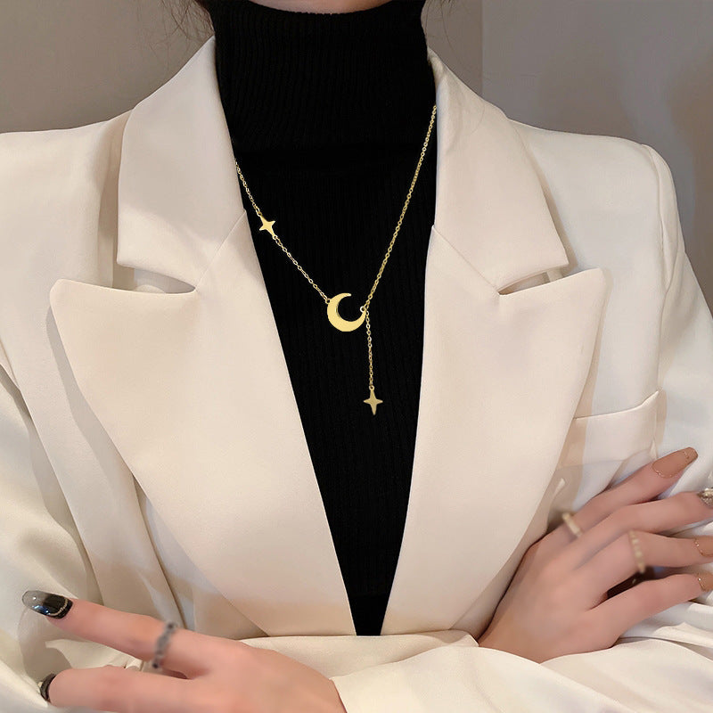 Minimalist Titanium Steel Star and Moon Pendant Necklace with Geometric Flowing Tassels for Women Fashionable Clavicle Chain