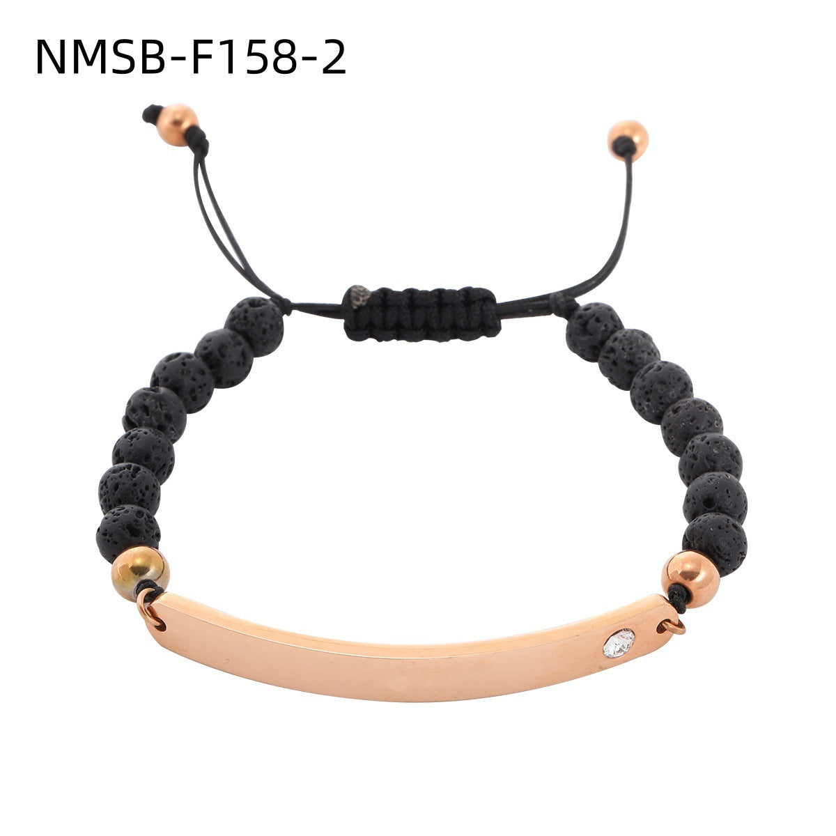Bracciale alla moda da ufficio in acciaio inossidabile con pietre vulcaniche nere geometriche, intarsio di strass e opzione di incisione per donne