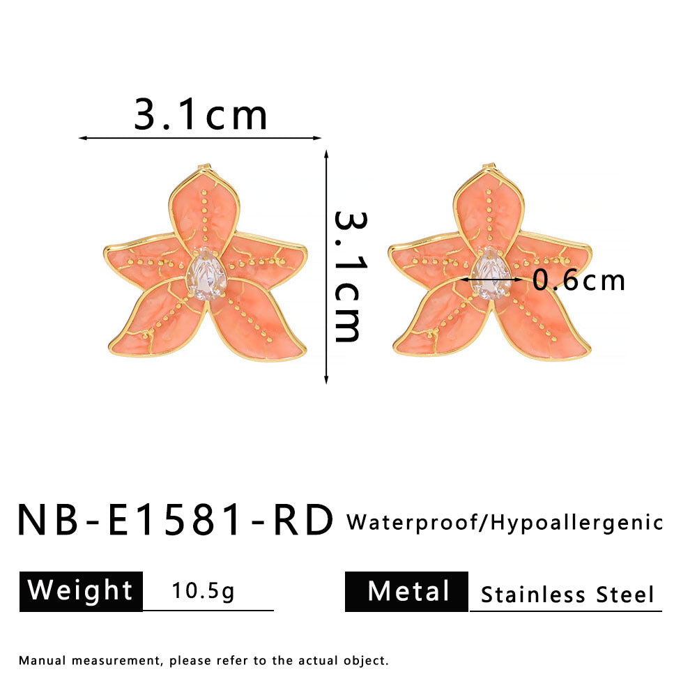 Geometric Style Five-Petal Flower-Shaped Stainless Steel Earrings with Enamel Coloring and Rhinestone Inlay for Women