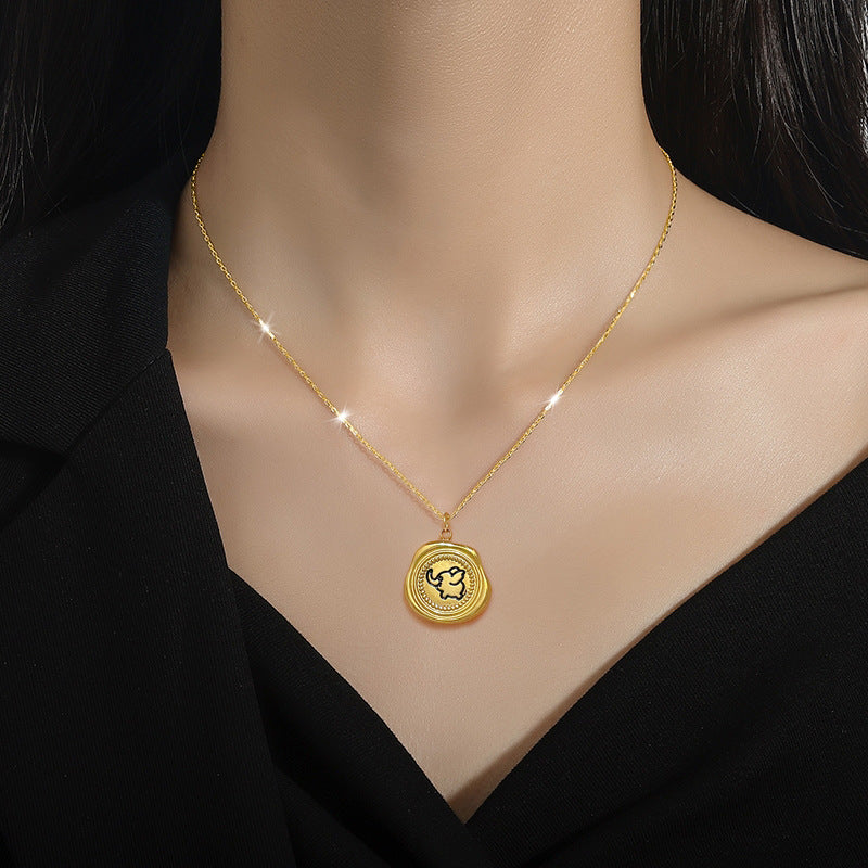 Minimalist Elephant Pendant Necklace for Women Titanium Steel Plated Locket Chain with Geometric Cut Corner Square Design