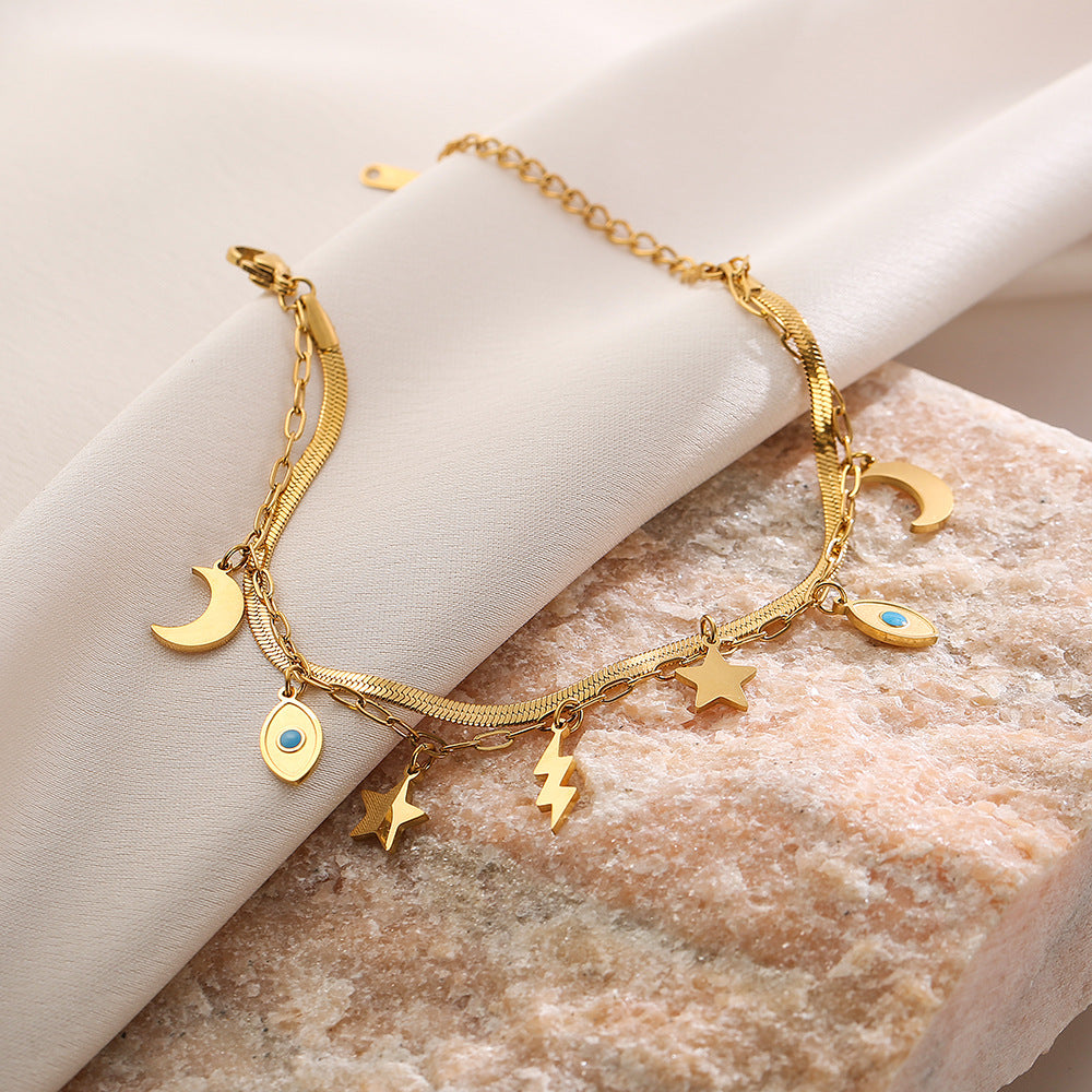 Fashionable Geometric Titanium Steel Double-Layer Bracelet for Women with Gold Plating and Irregular Elephant Eye Floral Leaf Design