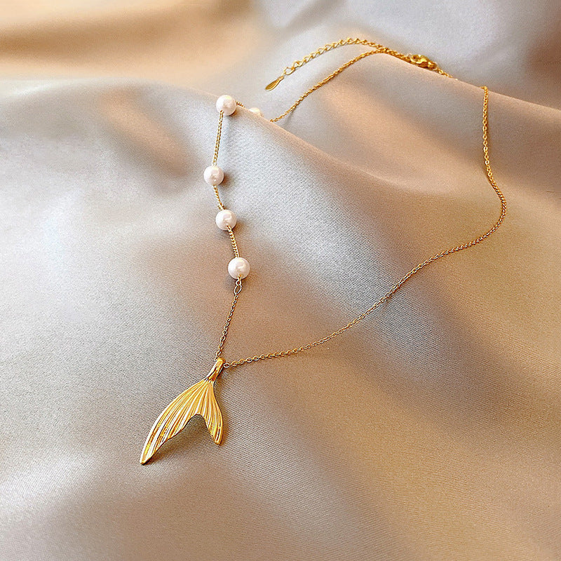 Minimalist Fish Tail Pearl Necklace in Alloy with Plated Finish, Long Layering Snake Chain for Women and Men
