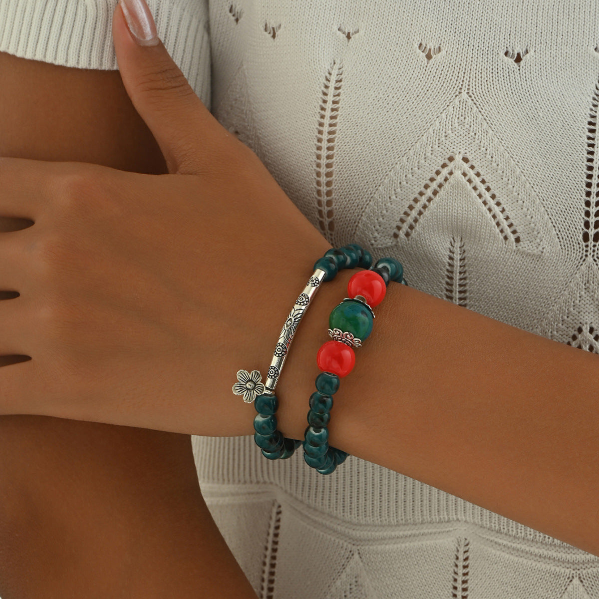 Bracciale Unisex Geometria Floreale Stile Vintage con Perle in Pietra e Gemme Artificiali Intarsiate in Lega