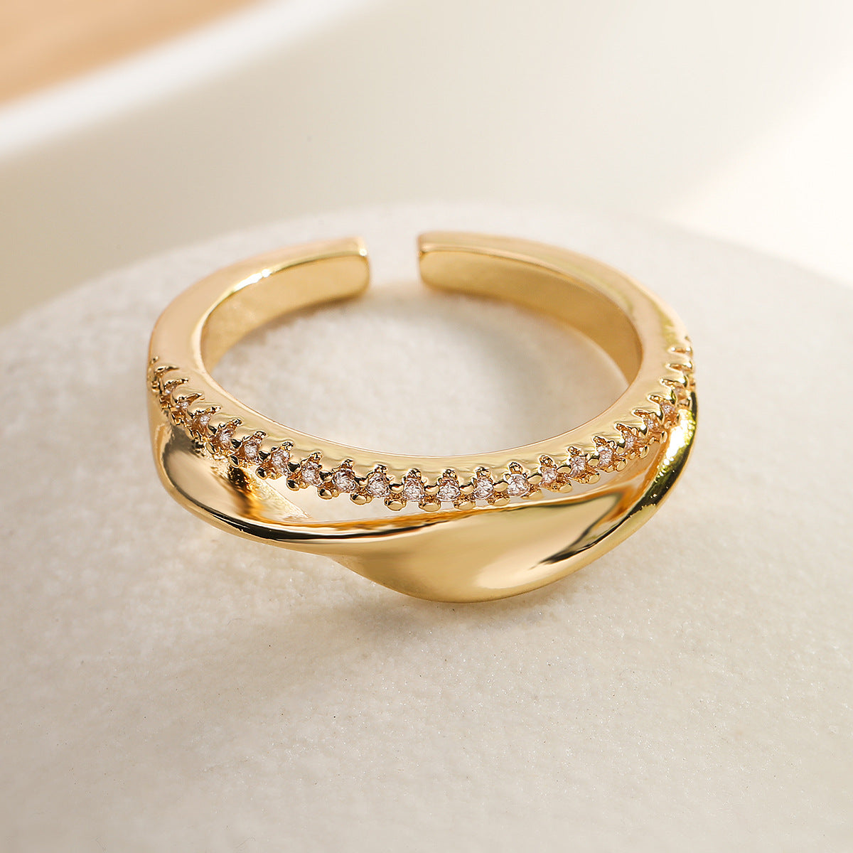Minimalist Geometric Open Ring for Women in Brass with 18K Gold Plating and Zircon Inlay