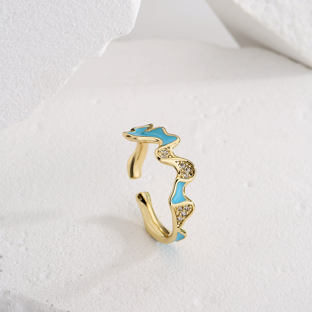 INS Style Irregular Geometric Open Ring for Women Made of Copper with 18K Gold Plating and Enamel-Set Zirconia
