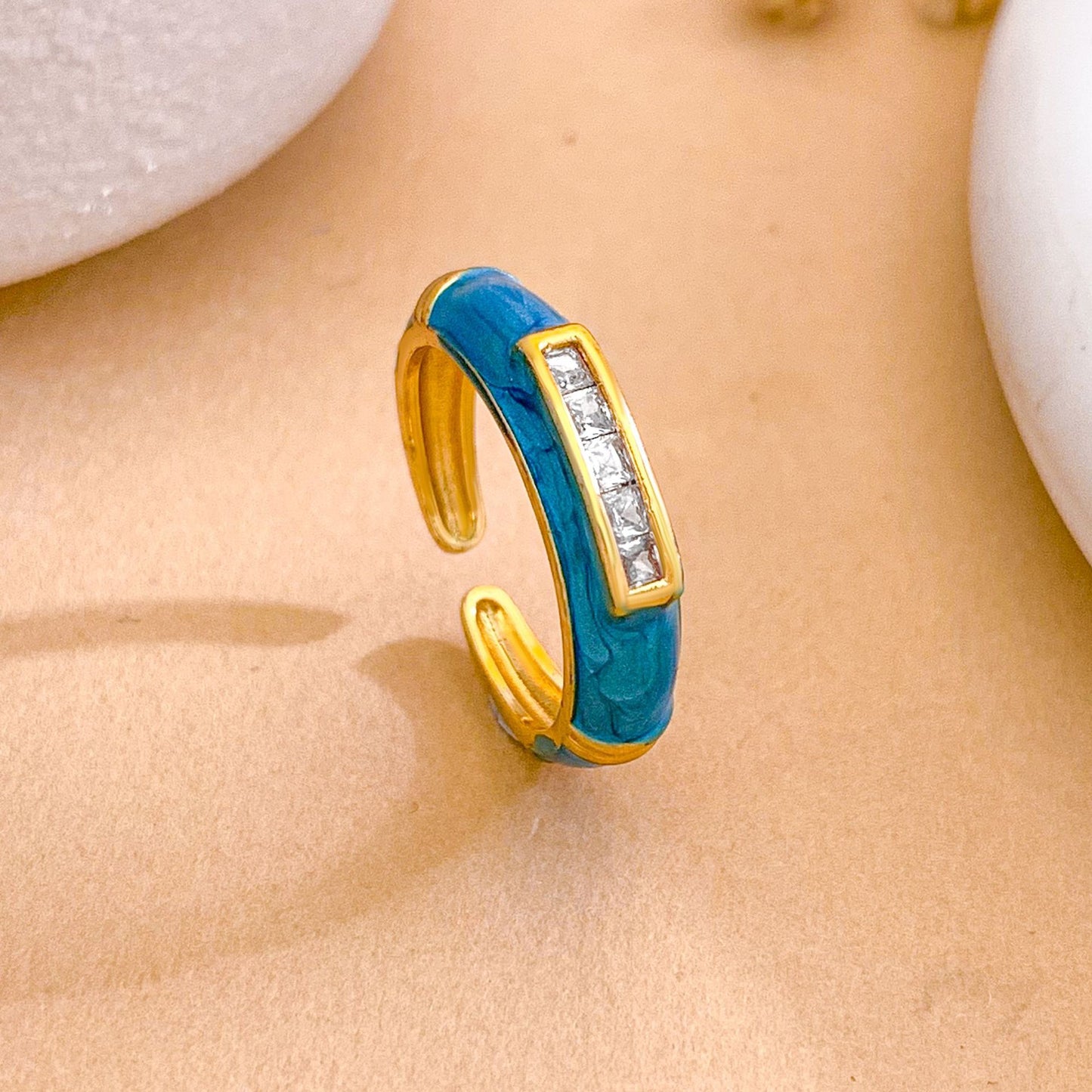 Anillo abierto de esmalte de latón chapado en oro, geométrico cuadrado minimalista para mujer