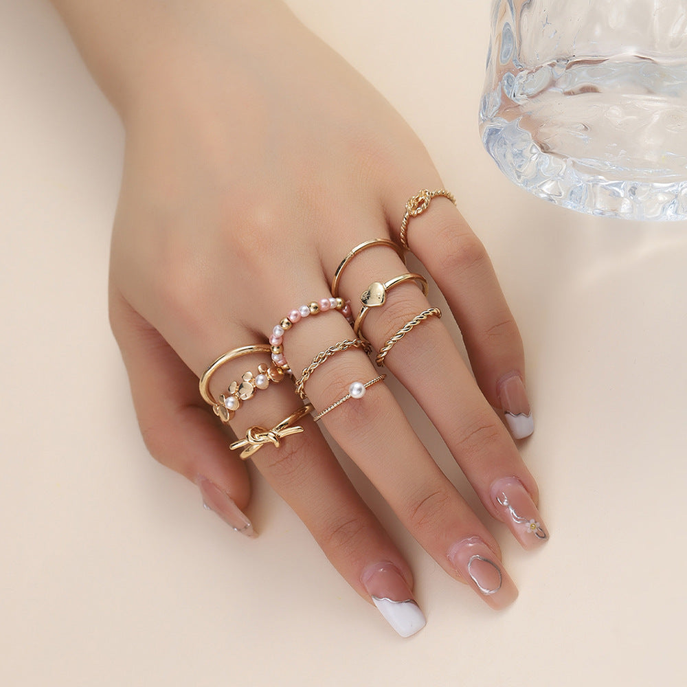 Sweet Gold Plated Geometric Heart Alloy Ring Set with Imitation Pearl for Women