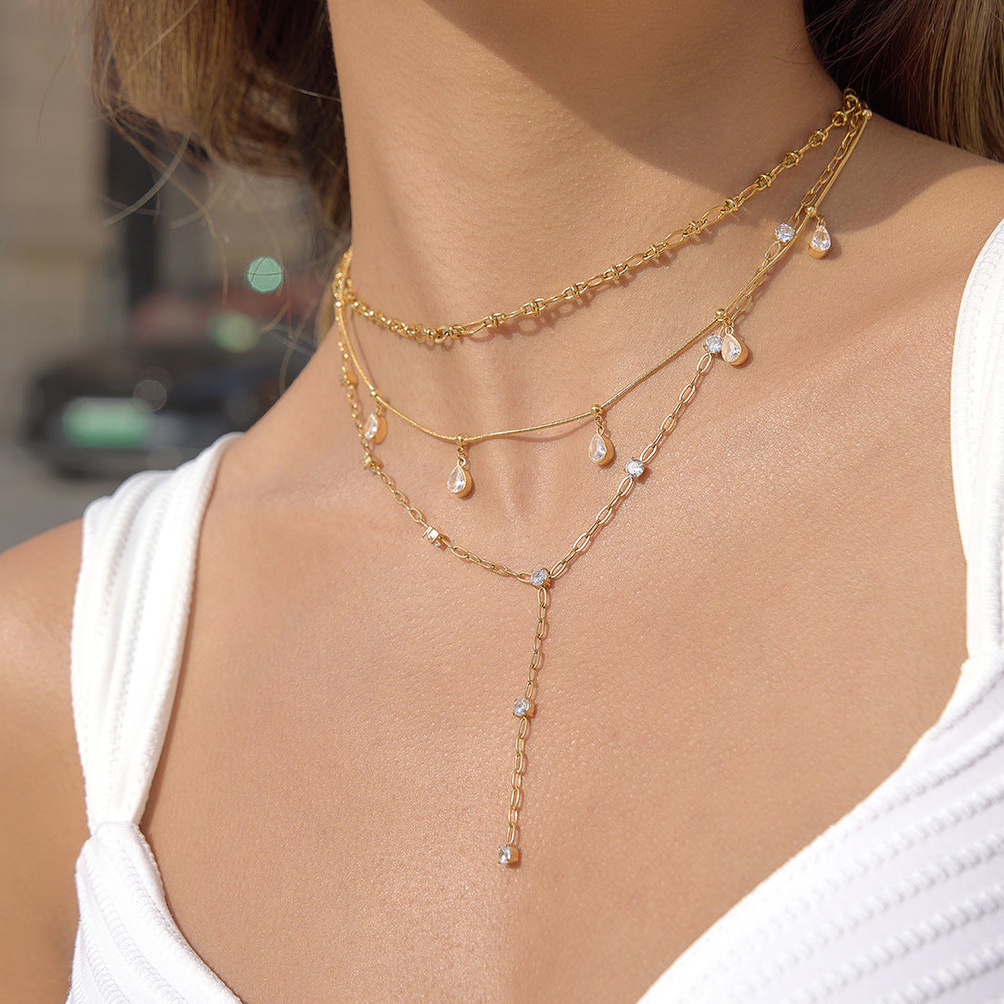 Minimalist Elegant Geometric Teardrop PVD Stainless Steel Cubic Zirconia Y-Chain Necklace for Women