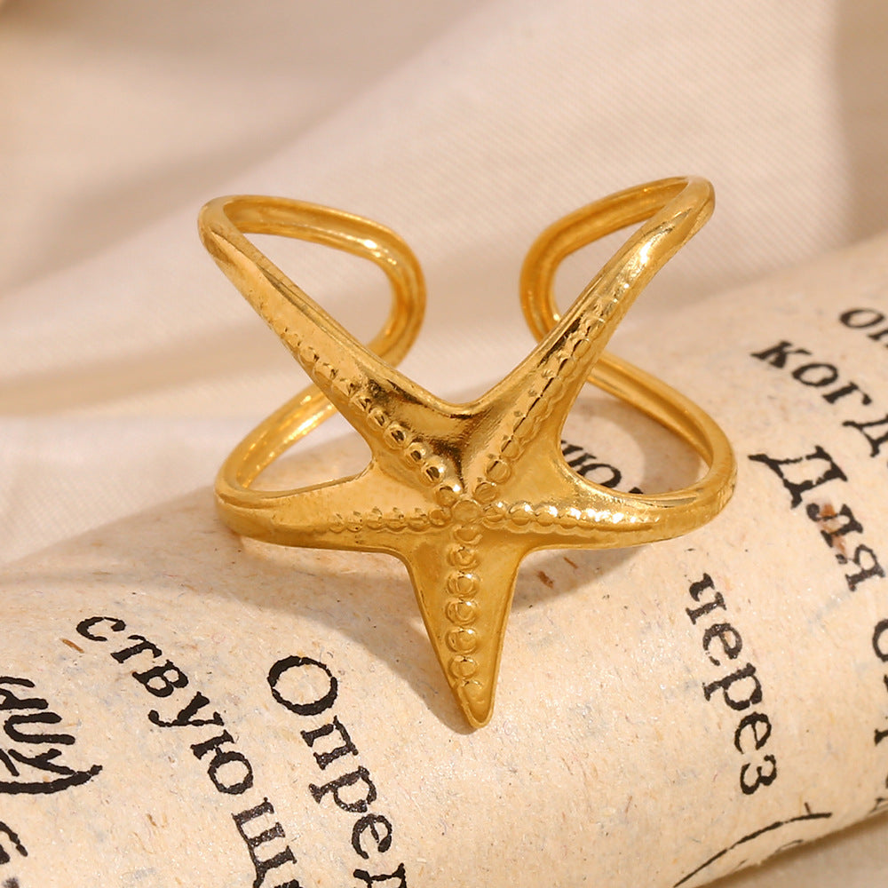 Anello da donna in acciaio inossidabile a forma di stella, placcato oro 18K, ispirato all'oceano, per gioielli da mano