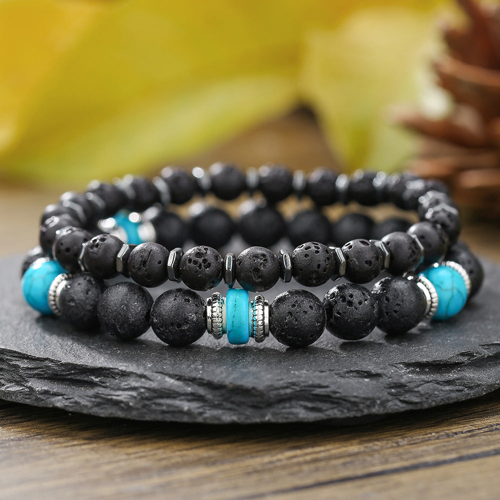 Bohemian Geometric Wood Bead and Turquoise Stretch Bracelet for Men and Women