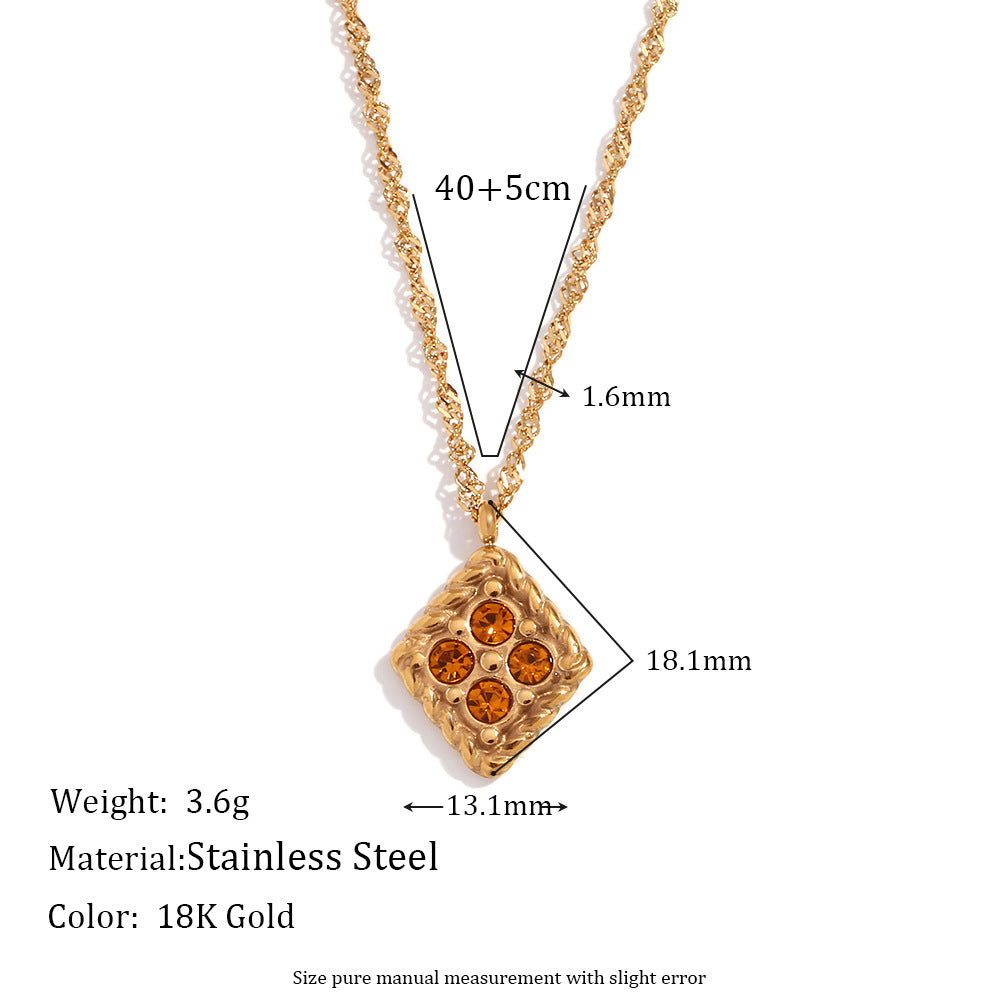 Minimalist Geometric Rhombus Pendant Necklace in Stainless Steel with 18K Gold Plating and Four Rhinestones for Women