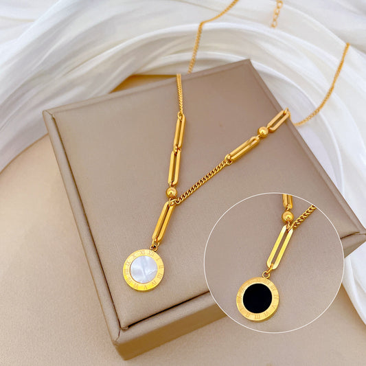 Collar de cadena romana de doble cara de acero de titanio minimalista con cuentas cuadradas geométricas para mujer y hombre