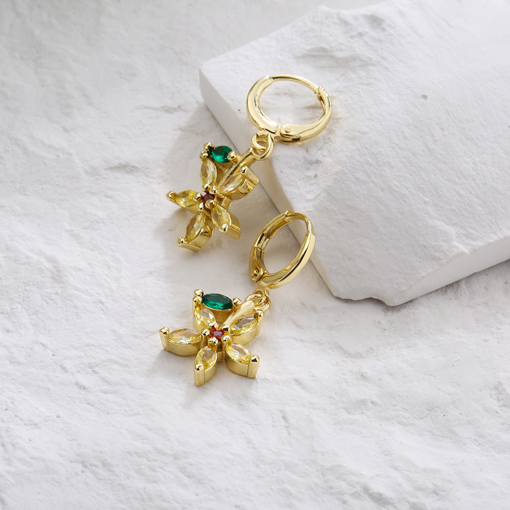 Chic Floral Cherry Geometric Earrings for Women in Copper with 18K Gold Plating and Micro-Paved Zirconia