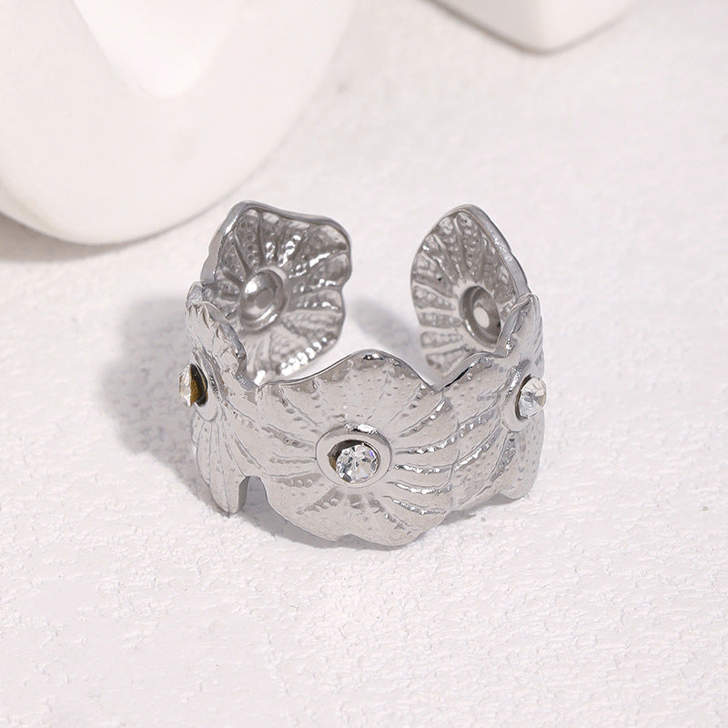 Minimalist Elegant Gold Plated Stainless Steel Floral Rhinestone Open Ring for Women