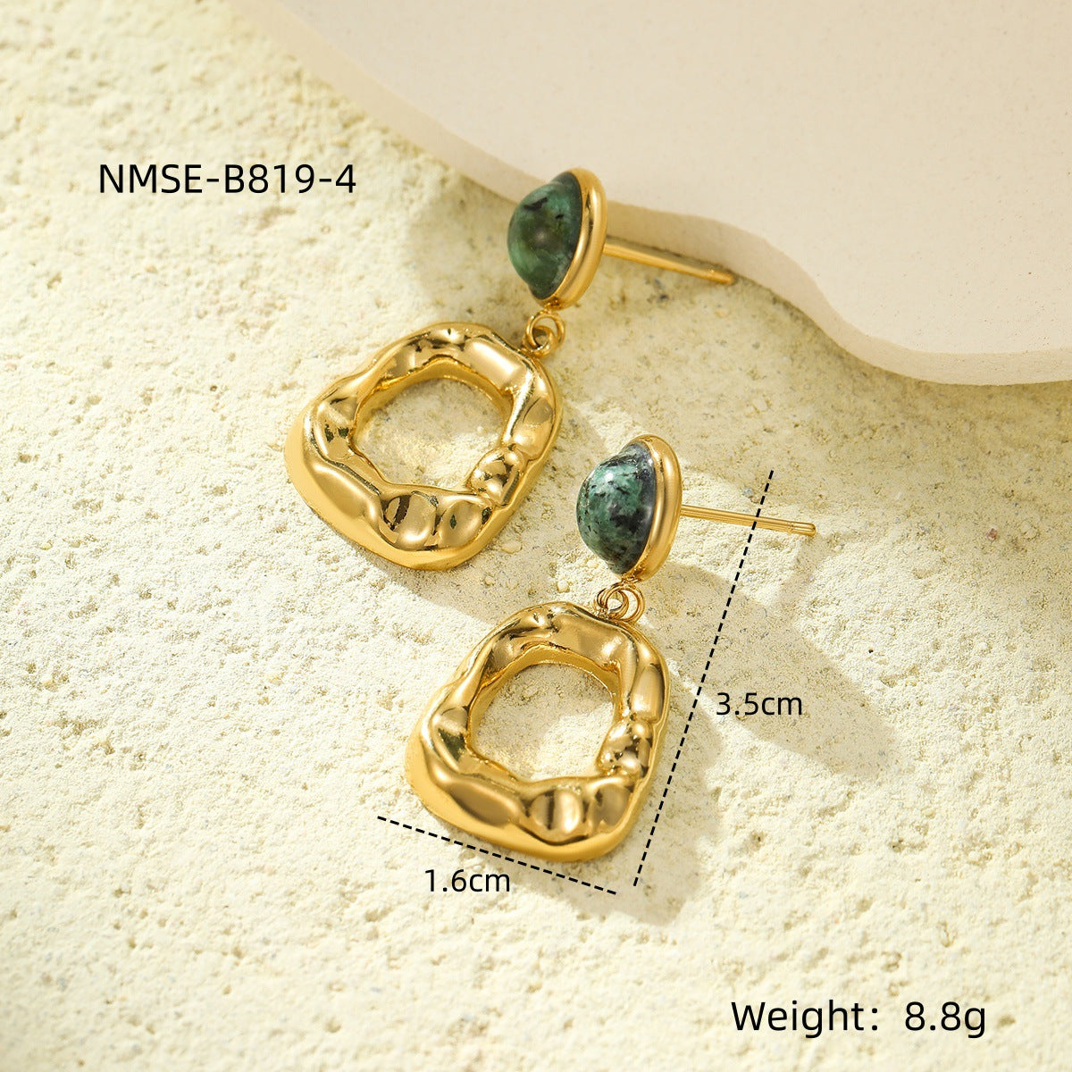 Vintage French-Style Geometric Pleated Pendant Earrings in Titanium Steel with Natural Stone Inlay and Plated Finish