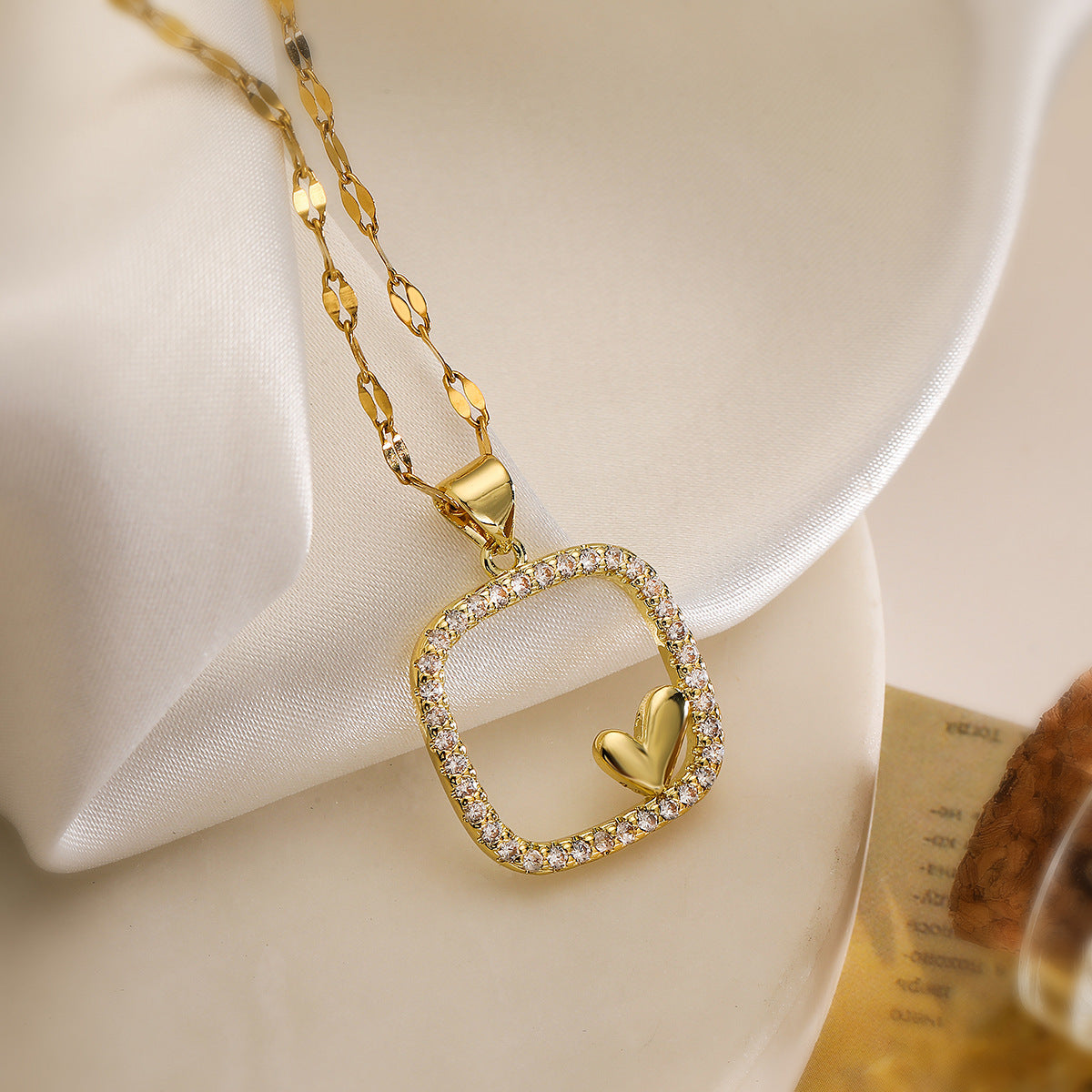 Minimalist Geometric Heart Pendant Necklace for Women in Copper with 18K Gold Plating and Zircon Inlay