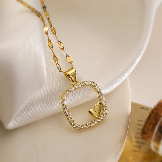Minimalist Geometric Heart Pendant Necklace for Women in Copper with 18K Gold Plating and Zircon Inlay