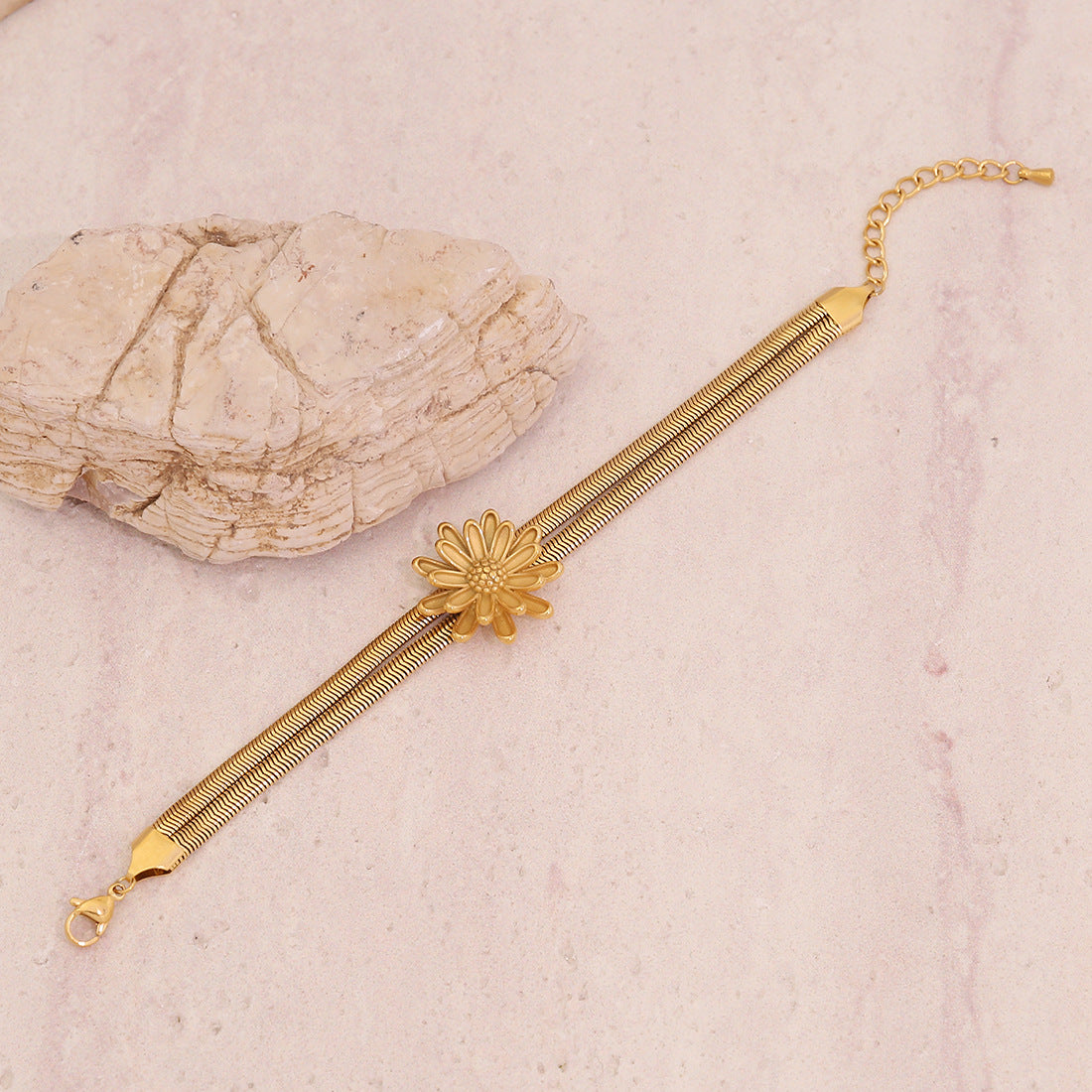 Individualistic Floral Design Stainless Steel Plated Snake Chain Bracelet for Women