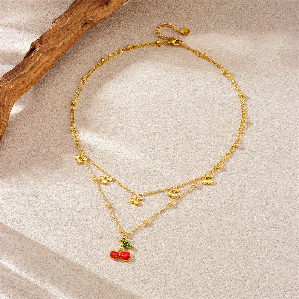 Sweet Red Drip Oil Cherry Fruit Pendant Stainless Steel Double Layer Cable Chain Necklace