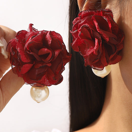 Vintage Hong Kong Style Floral Chiffon and Imitation Pearl Handcrafted Tea Rose Earrings