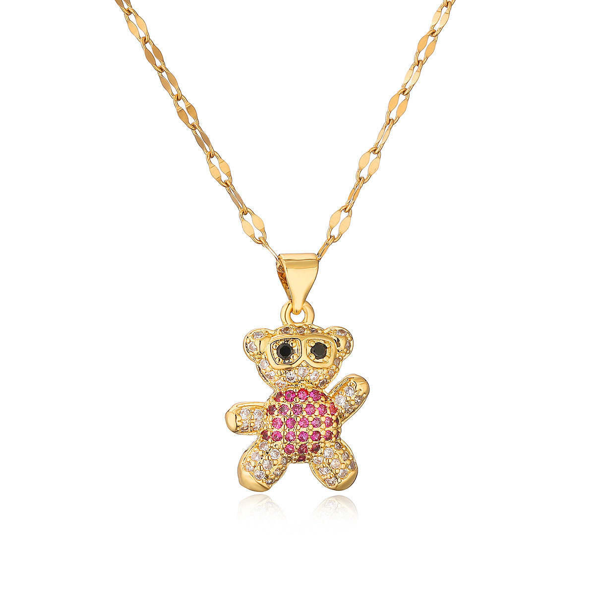 Cute Bear Pendant Necklace for Women in Copper with Real Gold Plating and Zircon Inlay, Minimalist Style Locket Chain