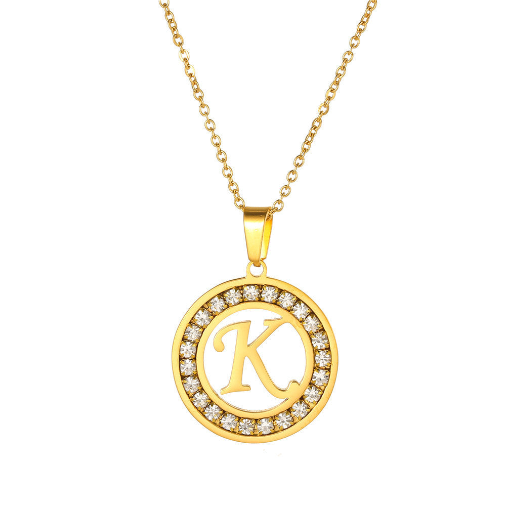 Minimalist Gold Plated Round Letter Rhinestone Inlay Pendant Necklace Titanium Steel Cable Chain