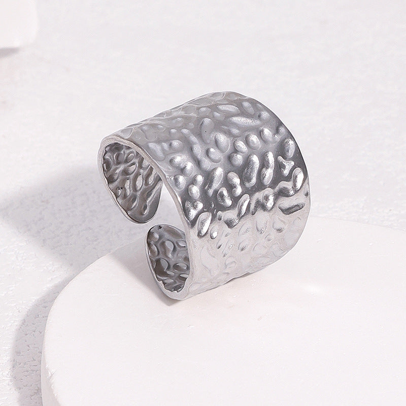 Minimalist Geometric Stainless Steel Open Ring with Hammered Texture and 18K Gold Plating for Women