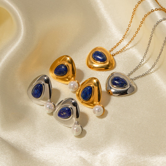 Minimalist Geometric Titanium Steel Necklace with Lapis Lazuli Inlay for Women