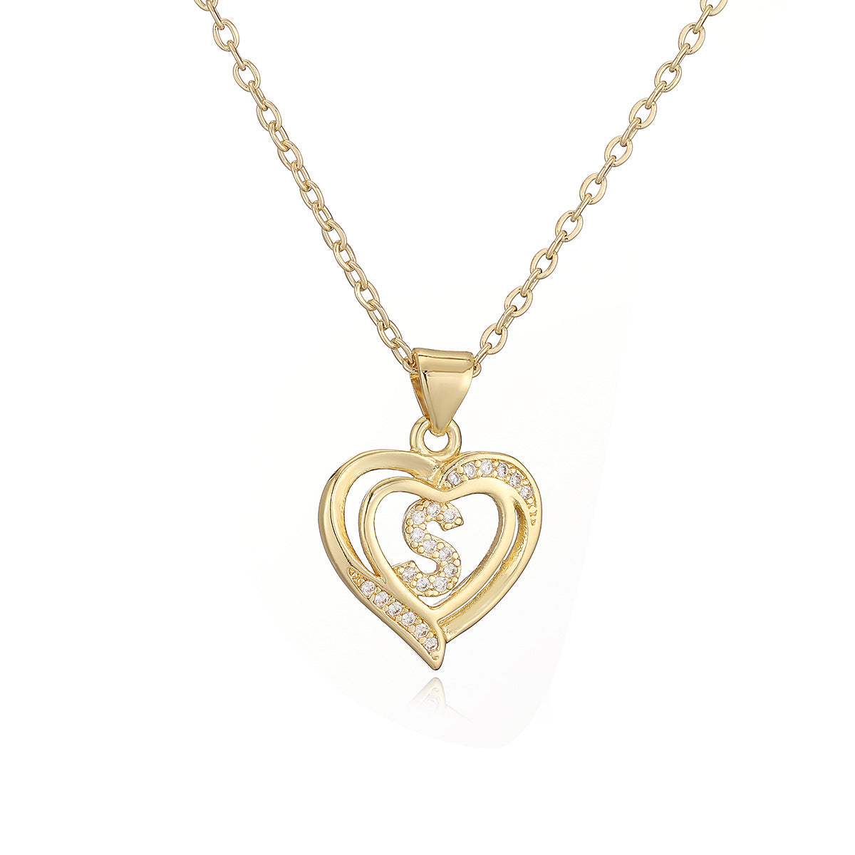 Collana con Pendente Minimalista in Rame, Placcatura in Oro 18K e Dettagli in Zircone a Forma di Cuore e Lettera per Donne