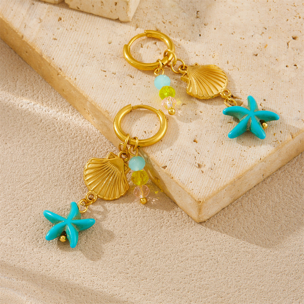 Casual Elegant Star Stainless Steel Plated Colorful Beaded Starfish Dangle Earrings for Women